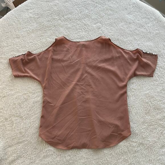 MODA International Women’s Tan Sequin Cold Shoulder Blouse Top Size Medium - Picture 2 of 7